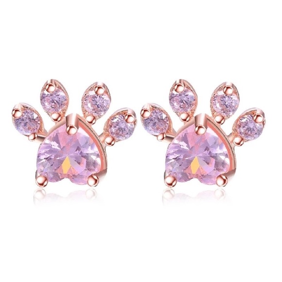 Rose Gold Pink CZ Paw Print Stud Earrings - Picture 1 of 7